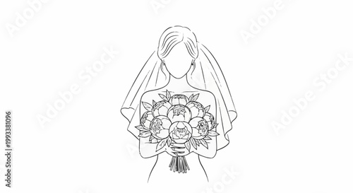 Elegant line art of a bride in a veil holding a bouquet of peonies