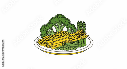 A white plate holds a colorful assortment of cooked vegetables, including broccoli, corn, and asparagus