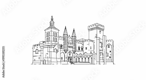 Detailed ink sketch of an imposing gothic castle with multiple towers and crenellations