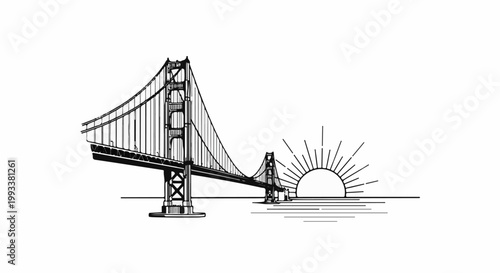 Iconic suspension bridge at sunrise over water, in a minimalist style