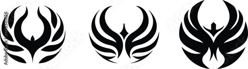 Set of Three Stylized Phoenix Bird Logo Templates, Abstract Tribal Wing Emblems, Black Circular Bird Emblem Collection, Geometric Eagle and Wing Logo Designs