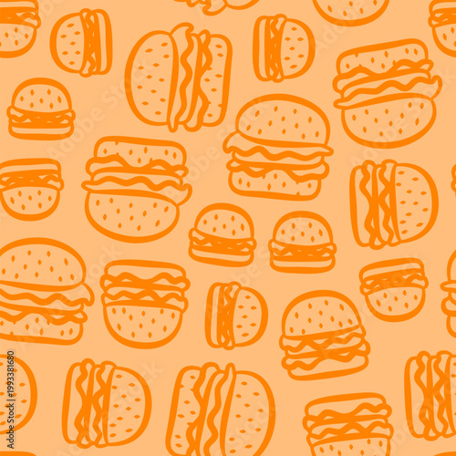 doodle burger pattern background. doodle fast food burger seamless pattern background. seamless pattern of burger in doodle style. Seamless Pattern of a Cheese Burger or Hamburger. hamburger pattern.