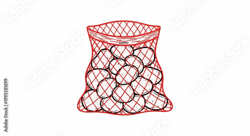 A red net bag filled with numerous round white objects