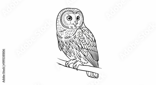Detailed black and white line drawing of an owl perched on a branch