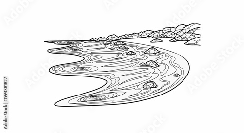 Black and white illustration of a winding river with rocks and ripples