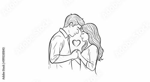 Couple holding hands with heart symbol between them, drawing