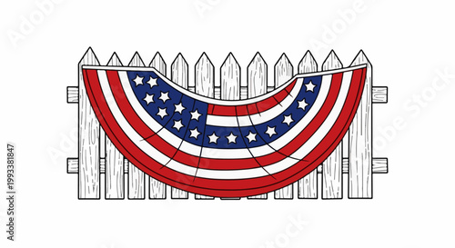 A festive bunting, styled like a flag, hangs across a picket fence