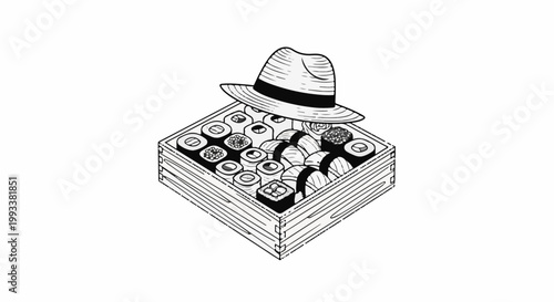 A fedora hat sits atop a wooden box filled with various sushi rolls and nigiri