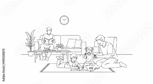 A family enjoys a quiet afternoon together with reading and drawing activities