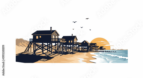 Coastal stilt houses at sunset with seagulls flying over the ocean