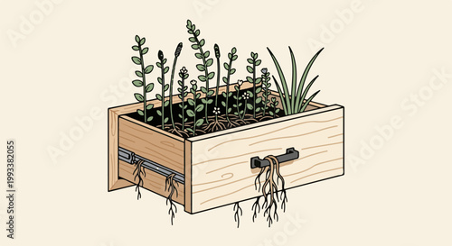 A wooden drawer used as a planter, with green plants growing