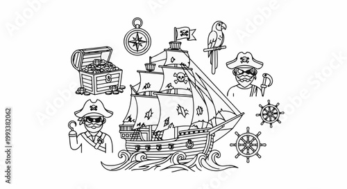 A black and white illustration of pirates and their ship, surrounded by treasure