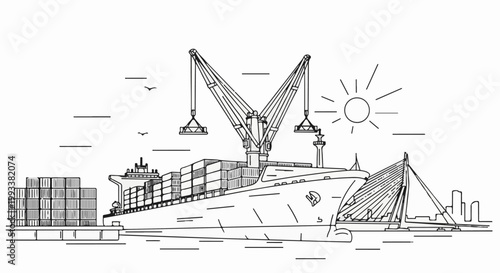 Cargo ship loading containers with cranes and city skyline in background