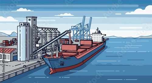 Cargo ship docked at port with cranes and silos, loading cargo