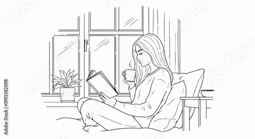 A woman reads a book while drinking hot beverage by the window