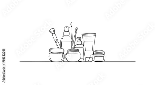 Cosmetic Products Line Art Drawing: Skincare Bottles, Jars, Brushes, and Toothbrushes
