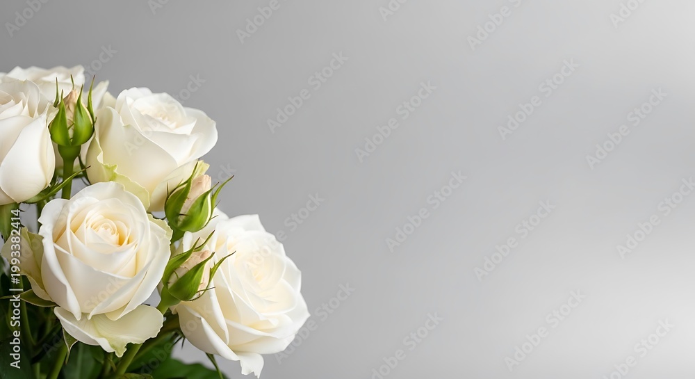 Obraz premium Elegant white roses bouquet against soft gray background with copy space