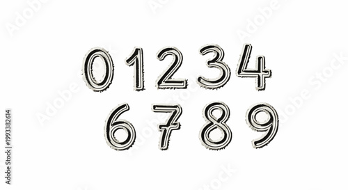 A set of hand-drawn numbers from zero to nine in a bold, outlined style
