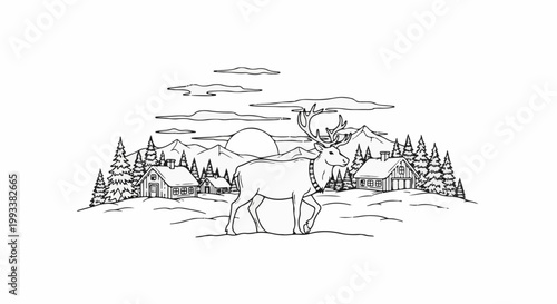 A serene winter scene with a proud reindeer, snowy cabins, and majestic mountains under a cloudy sky
