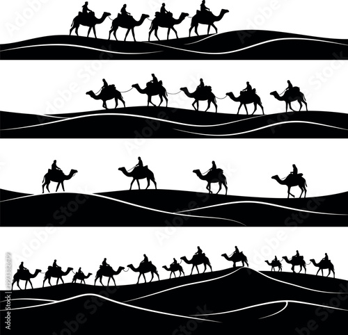 Camel Caravan Traveling Across Desert Sand Dunes Silhouette Set