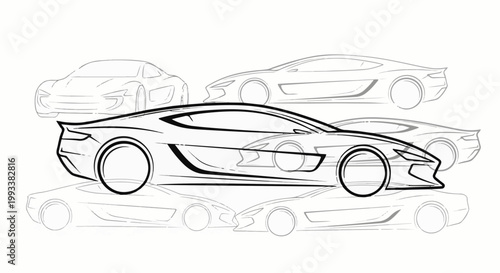 A dynamic sketch of a sleek, modern sports car in sharp focus, surrounded by faint outlines of others