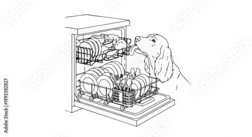A dog curiously licks dishes in an open dishwasher rack