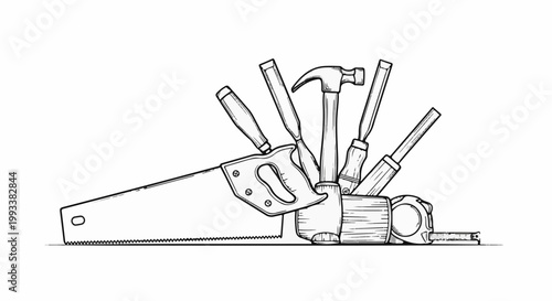 A collection of hand tools including a saw, hammer, chisels, and tape measure