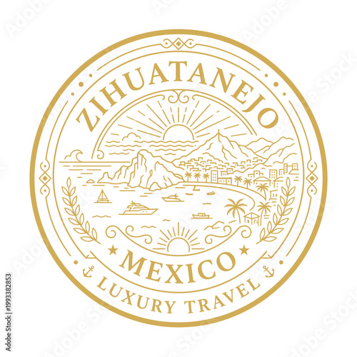 Zihuatanejo Mexico luxury travel seal featuring tropical bay landscape gold vector illustration