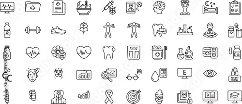 Comprehensive Healthcare and Wellness Line Icon Set. Medical Services and Healthy Lifestyle Vector Icons,