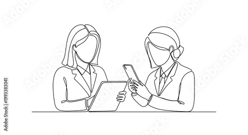 Two businesswomen collaborating on a tablet, discussing strategy in a modern office setting.