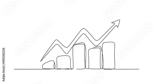 Continuous line drawing of a bar chart with an upward trending arrow, symbolizing growth and success.