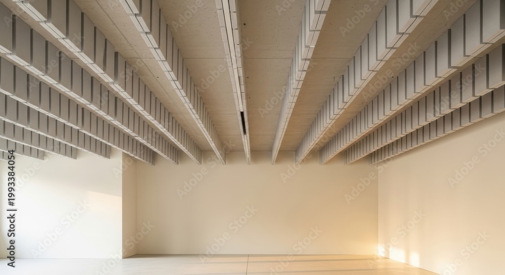 Obraz premium Modern Suspended Acoustic Ceiling Baffles in a Contemporary Interior Space