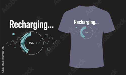 A digital illustration of a gray t shirt with the word 'recharging ' and a loading icon symbolizing energy restoration