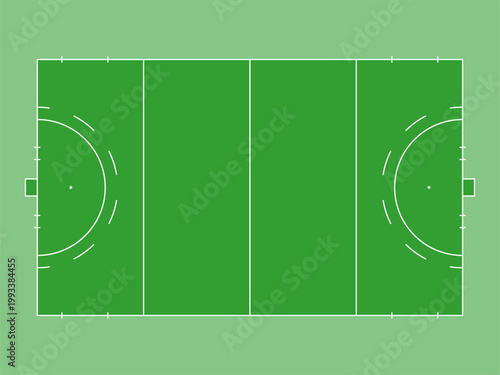 Green field hockey pitch vector illustration with white lines, semicircles, and center field markings on grass background