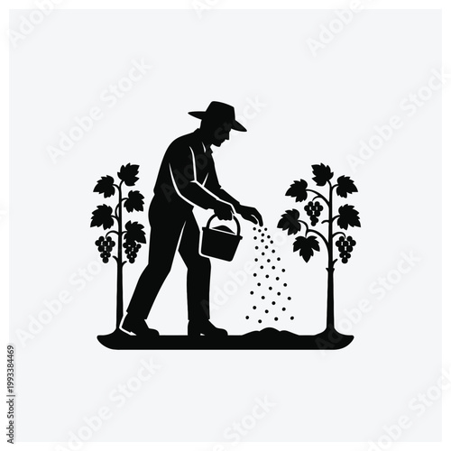Grape vineyard spraying worker silhouette illustration
