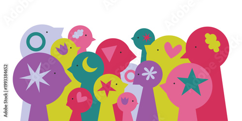 Diverse people team collaboration banner. Different brains and minds work and live together. Neurodiversity inclusion concept. Head silhouettes with various symbols.