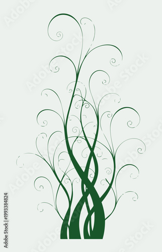 Abstract green tree vector illustration with ornate floral swirls and butterflies featuring nature elements like leaves and patterns for a decorative spring plant design