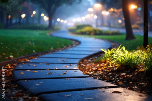 Serene Winding Path Disappearing into Foggy Evening with Soft Lights and Lush Greenery