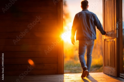 Person Walking Through Door into Bright Light on Warm Evening with Nature in Background