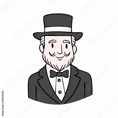 Cartoon illustration of a smiling gentleman in a vintage suit and top hat.