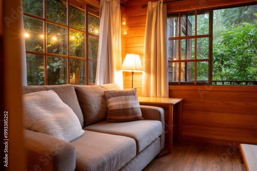 Cozy and Warm Interior of a Compact Wooden Home with Natural Textures and Soft Lighting
