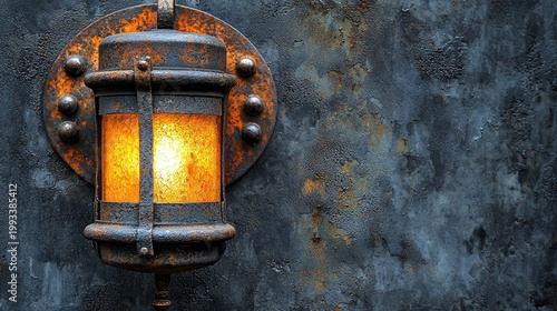 Rusted metal lantern casts golden glow