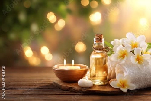 Tranquil Spa Setup with Natural Elements, Flowers, and Soft Golden Light for Relaxation