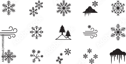 Winter weather icons snowflakes and symbols set