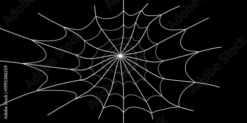 Seamless vector pattern featuring white spider webs of various sizes and styles scattered across a dark black background for Halloween designs.