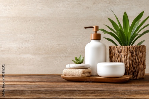 Warm Rustic Table with Natural Skincare Elements and Soft Light for Relaxing Atmosphere