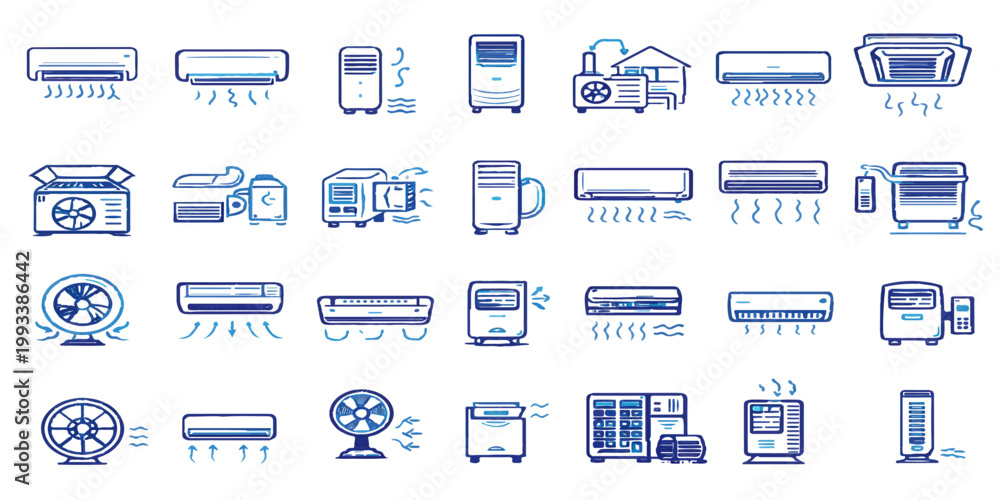 Naklejka premium Set of blue web design icons featuring vector illustrations of transportation vehicles like cars, trucks, buses, and trains for travel, shipping, and delivery signs
