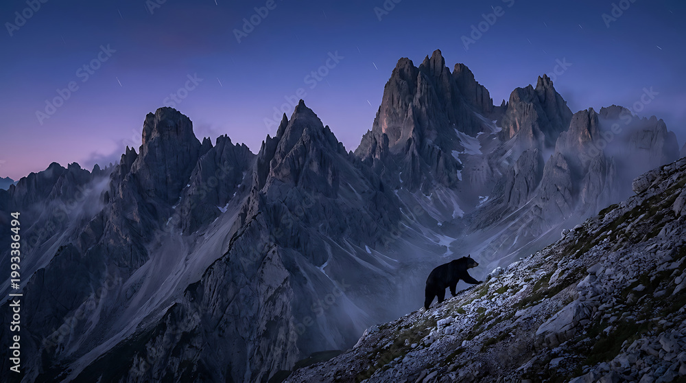 Obraz premium Lone bear navigates steep rocky slopes beneath towering granite peaks under a twilight sky