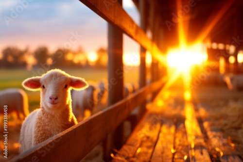 Warm Sunrise Over a Scenic Farm with Sheep in a Wooden Stable Bathed in Soft Light