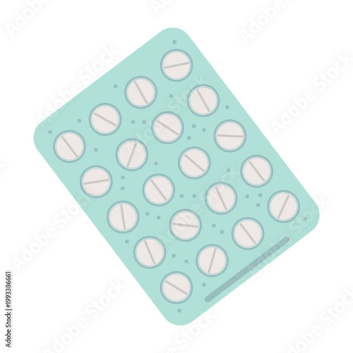 Large package of round white tablets. Medicinal blister pack. Pharmacy product. Round medicament painkillers, antibiotics. Flat vector illustration, isolated on white background